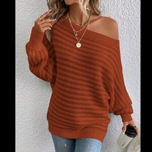 🍂 NWT SHEIN SIZE SMALL RUST BROWN BOATNECK TEXTURED SWEATER